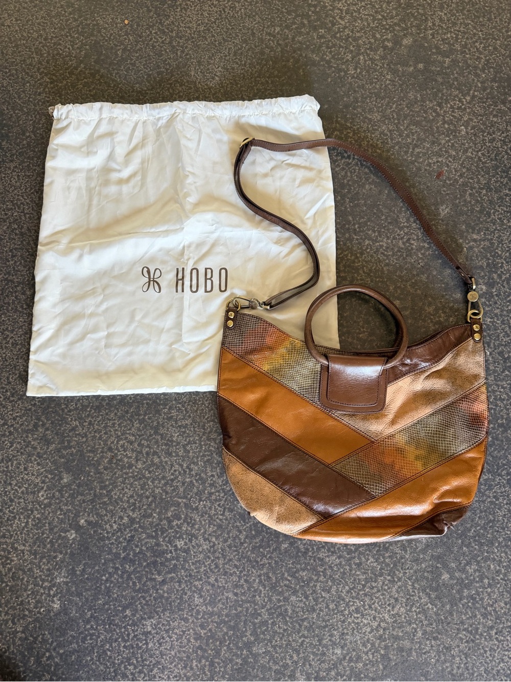 HOBO Sheila Leather Satchel Tote Shoulder Crossbody Bag Patchwork Brown Boho